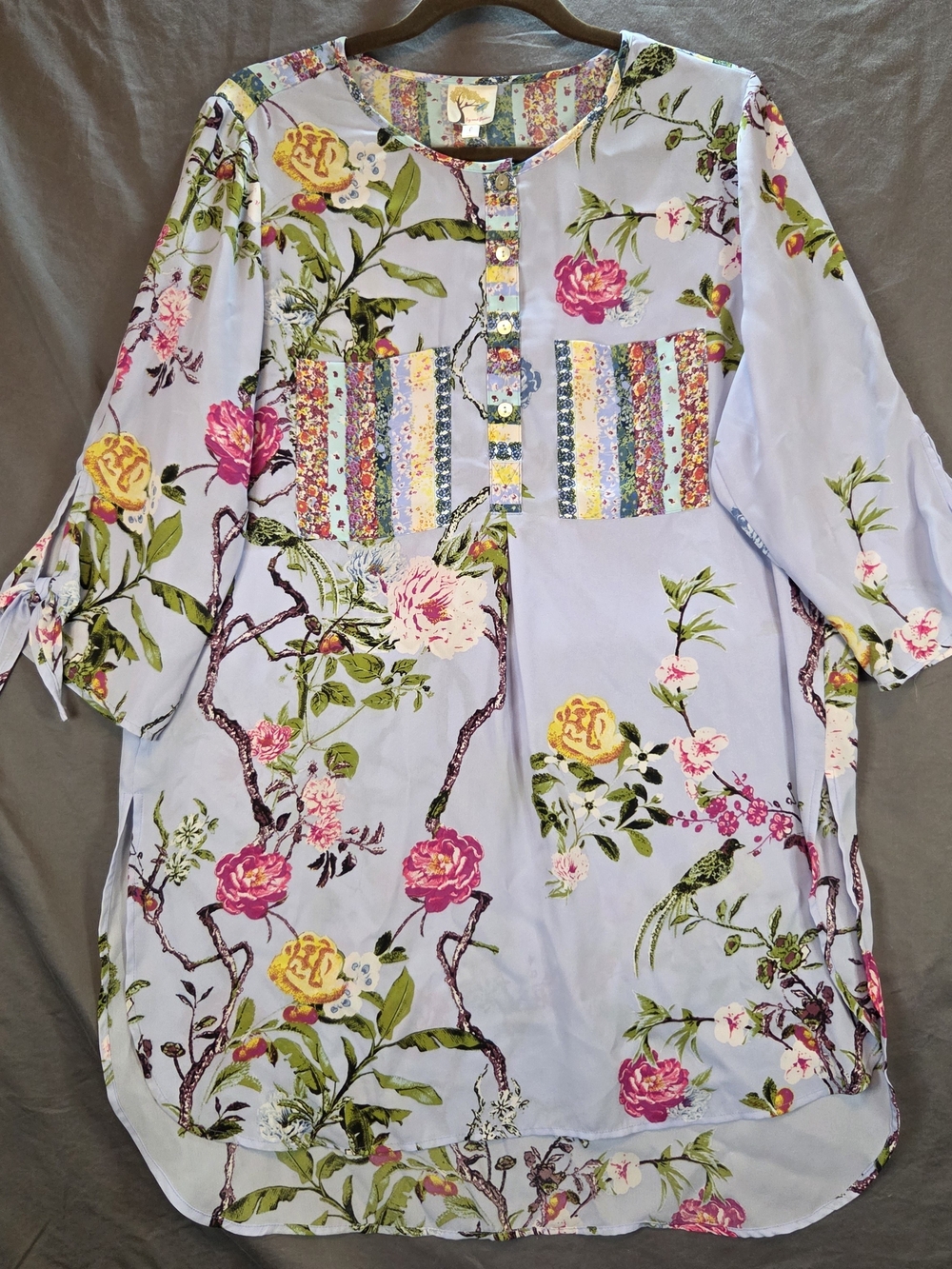 Fig & Flower Floral Tunic Blouse Large Light Blue Boho Patchwork 3/4 Tie Sleeve